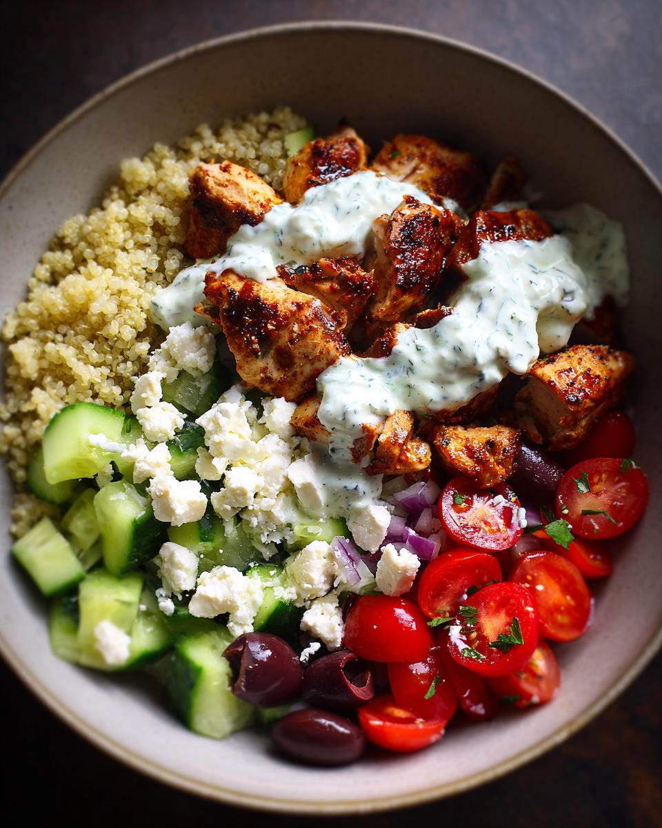 A vibrant bowl of Greek Chicken Bowls, featuring seasoned chicken, quinoa, cucumber, tomatoes, olives, feta, and tzatziki sauce.