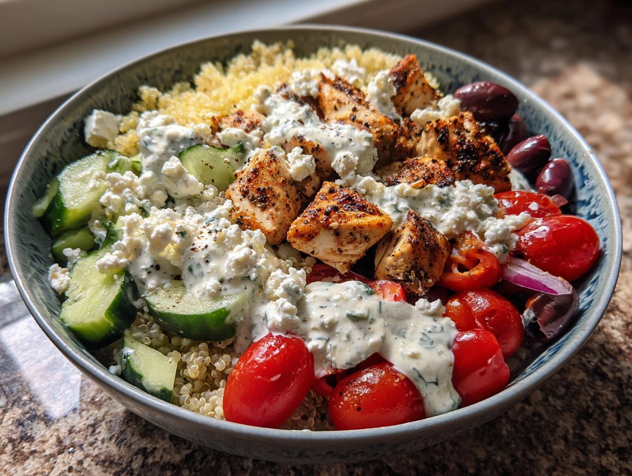A vibrant bowl of Greek Chicken Bowls, featuring seasoned chicken, quinoa, cucumbers, tomatoes, olives, feta, and creamy dressing.