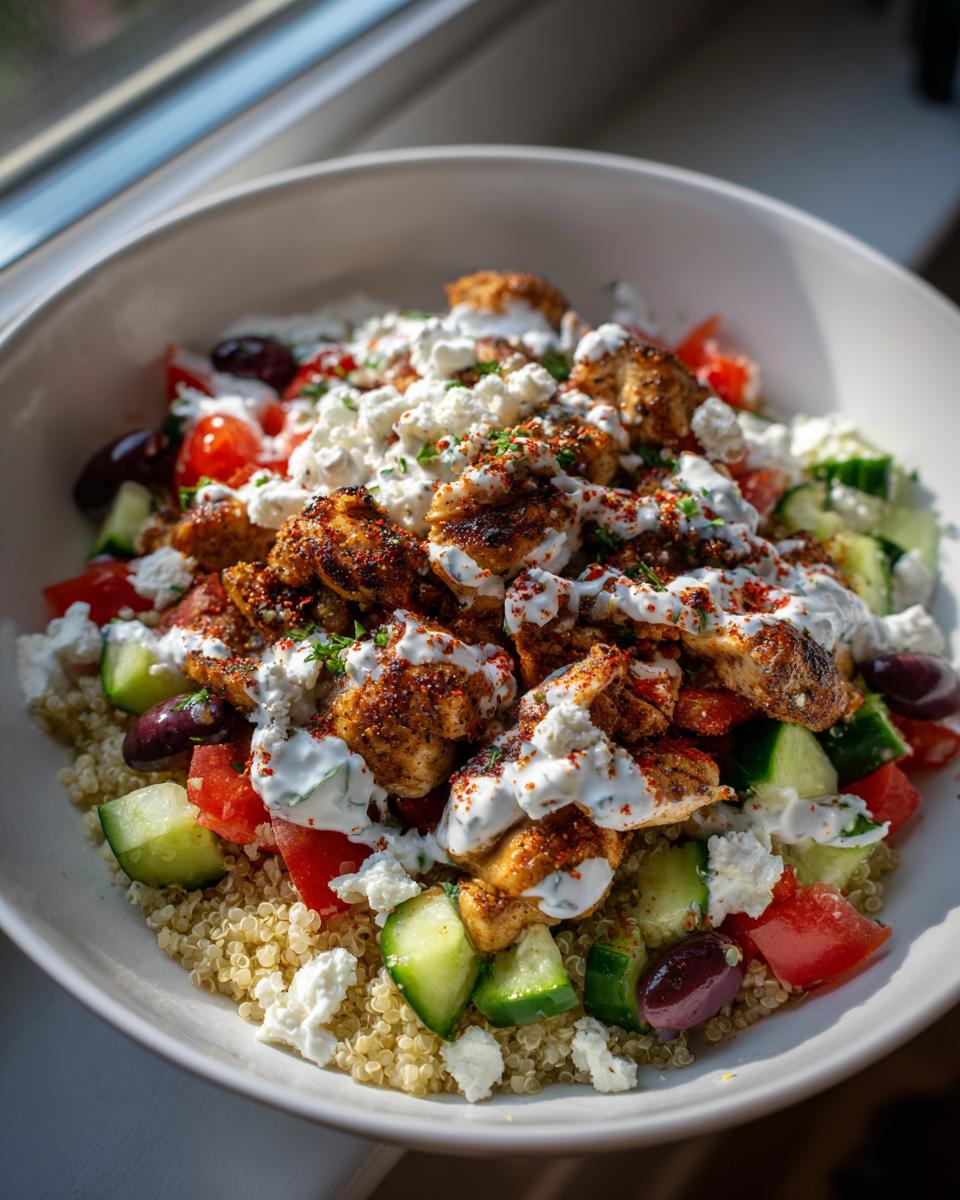 A close-up of a vibrant Greek Chicken Bowl filled with seasoned chicken, quinoa, cucumber, tomatoes, olives, and feta cheese, drizzled with yogurt sauce.