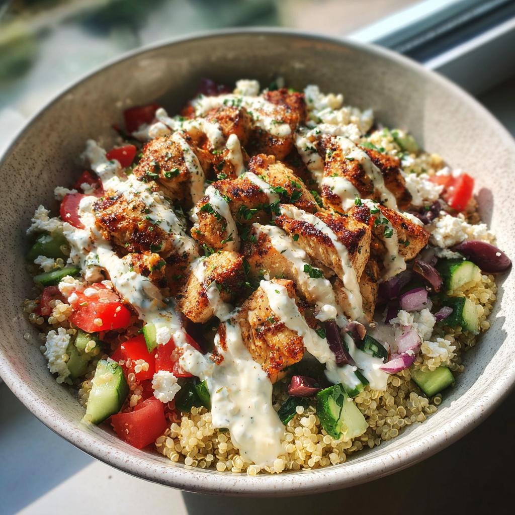 A close-up of a vibrant Greek Chicken Bowl with seasoned chicken, quinoa, tomatoes, cucumber, feta, and a drizzle of sauce.