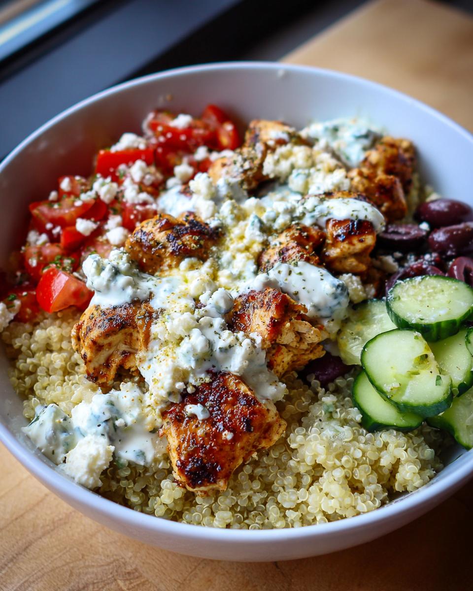 A close-up of a vibrant Greek Chicken Bowl with quinoa, grilled chicken, tomatoes, cucumbers, olives, and feta cheese.