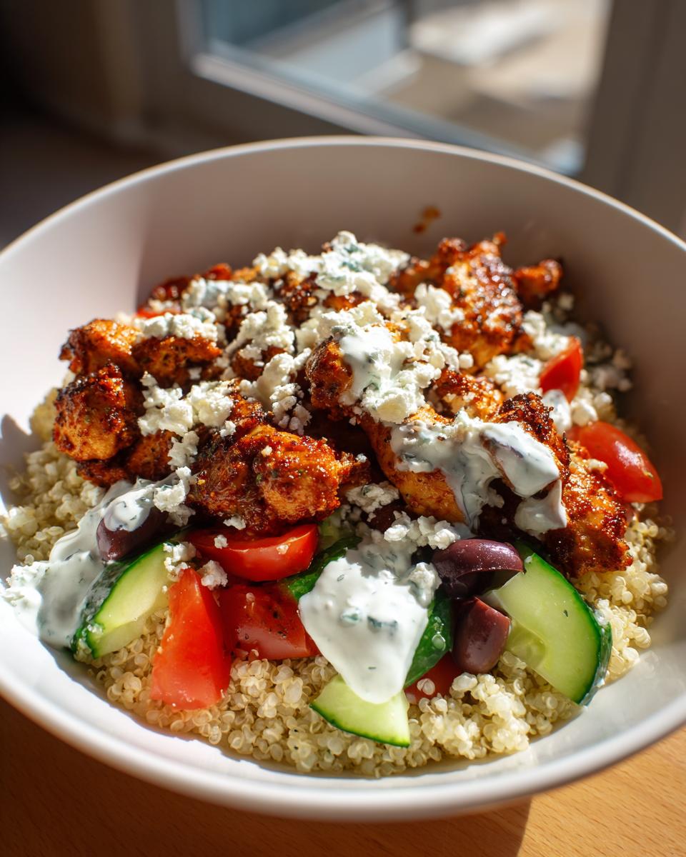 A vibrant bowl of Greek Chicken Bowls, featuring seasoned chicken, quinoa, cucumber, tomatoes, olives, and feta cheese with a drizzle of sauce.
