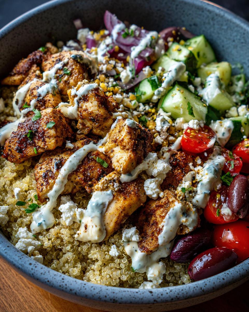 Close-up of Greek Chicken Bowls with seasoned chicken, quinoa, cucumber, tomatoes, olives, and feta cheese.