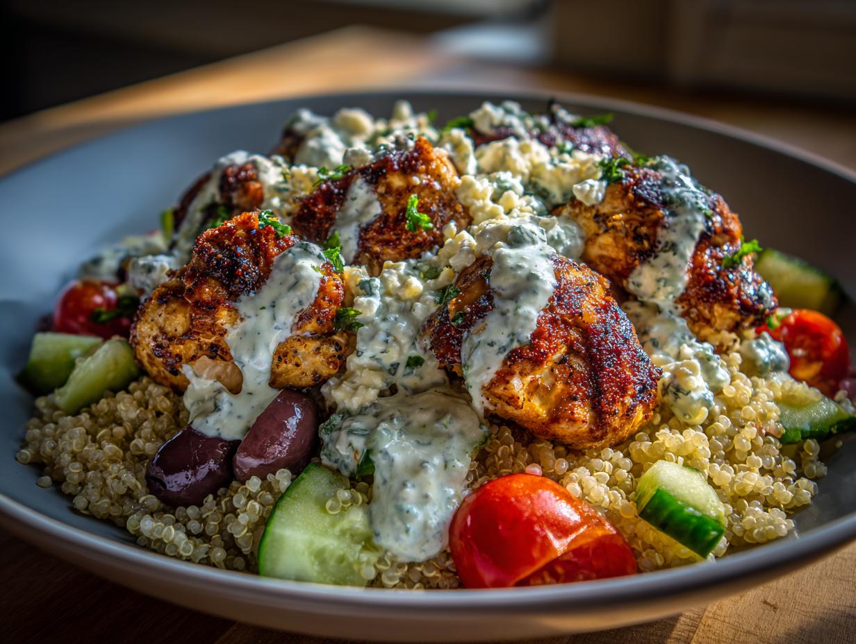 A close-up of Greek Chicken Bowls featuring seasoned chicken, quinoa, cucumber, tomatoes, olives, and creamy tzatziki sauce.