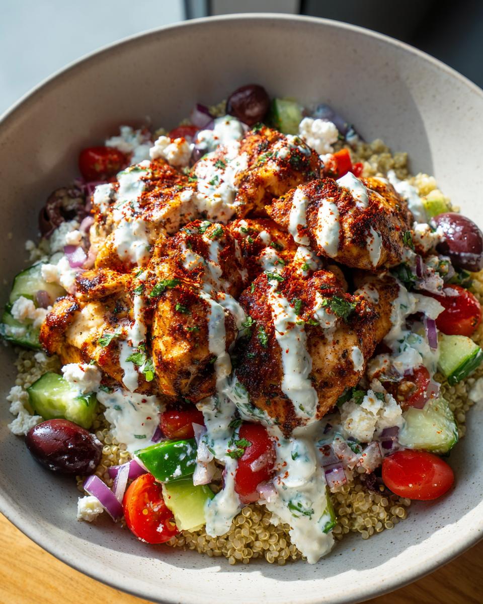 A close-up of Greek Chicken Bowls featuring seasoned chicken, quinoa, cucumber, tomatoes, red onion, olives, feta, and a creamy sauce.