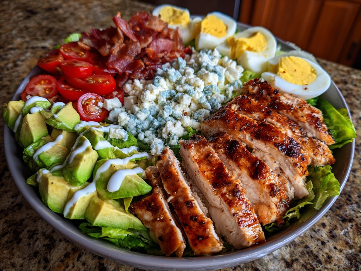 A vibrant grilled chicken cobb bowl salad with avocado, tomatoes, bacon, blue cheese, and hard-boiled eggs.