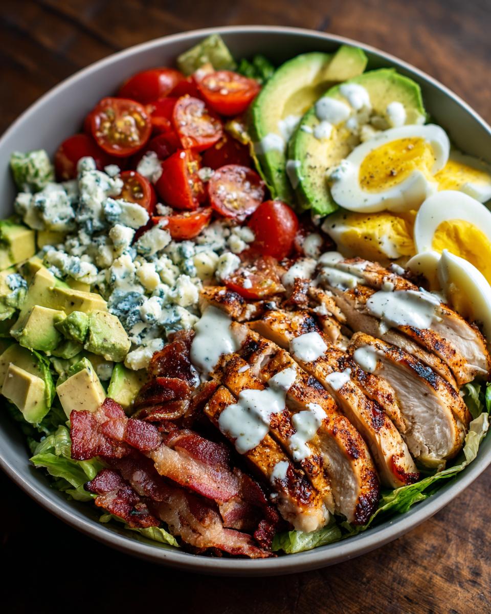 A vibrant and hearty grilled chicken Cobb salad bowl with avocado, tomatoes, blue cheese, bacon, and hard-boiled eggs.