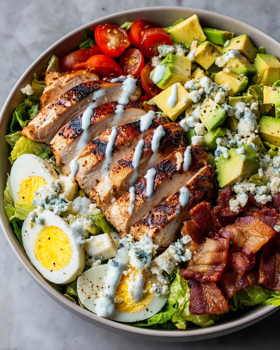 A close-up of a grilled chicken Cobb salad bowl with avocado, tomatoes, eggs, bacon, and blue cheese, drizzled with dressing.