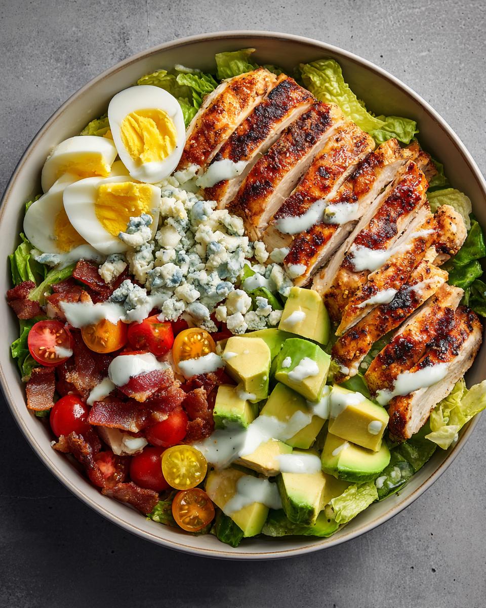 A delicious Grilled Chicken Cobb Salad Bowl with avocado, bacon, tomatoes, blue cheese, and hard-boiled eggs.