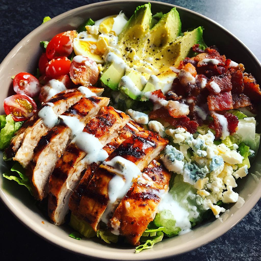 A delicious Grilled Chicken Cobb Salad Bowl with avocado, bacon, blue cheese, and tomatoes.