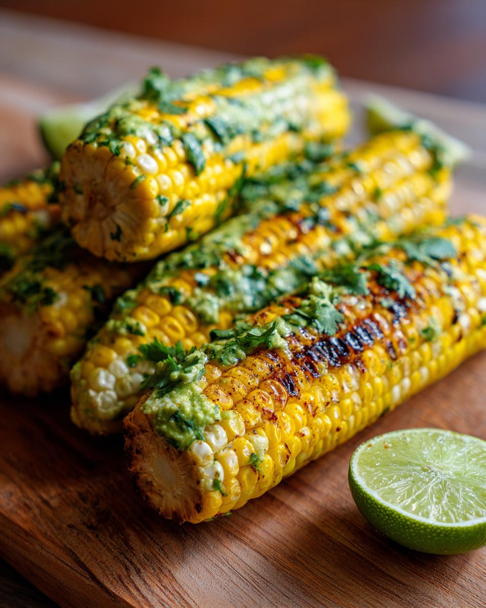 Close-up of grilled corn on the cob brushed with avocado lime dressing and cilantro, with a lime wedge.