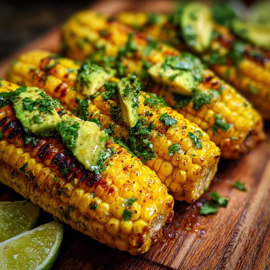 Close-up of grilled corn on the cob topped with avocado and cilantro, served with lime wedges.