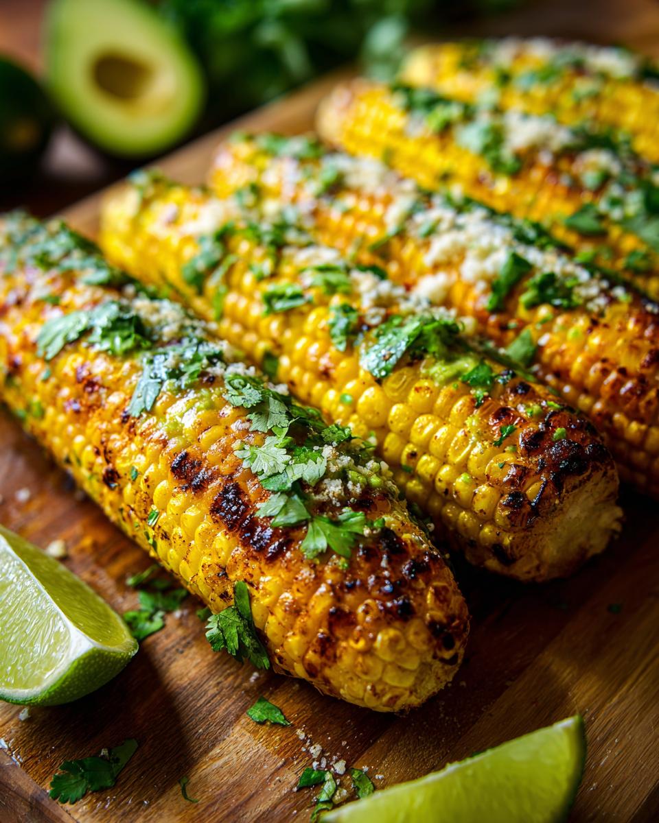 Close-up of grilled corn on the cob topped with cilantro and cheese, with lime wedges on the side.