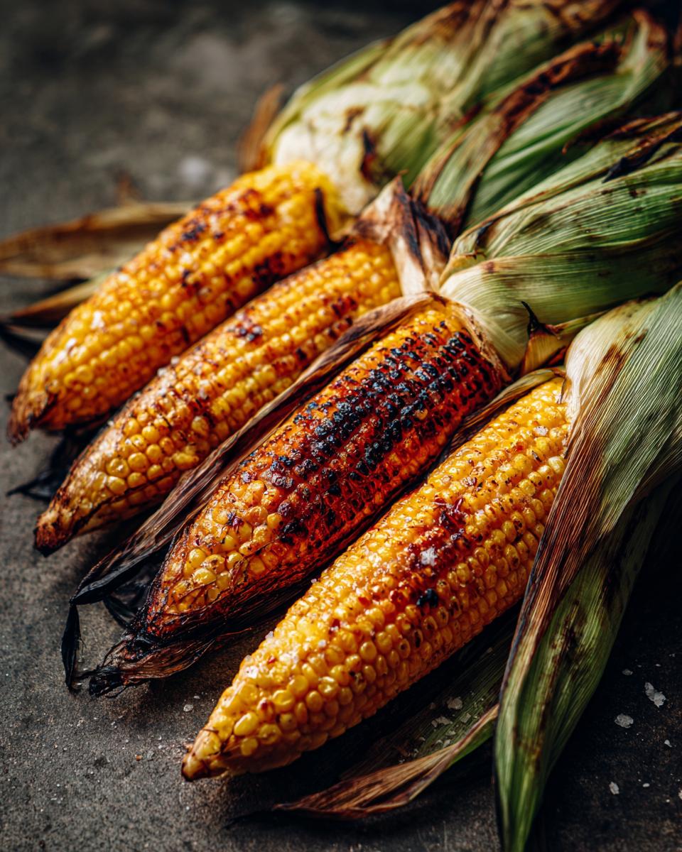 Close-up of four ears of grilled corn on the cob with charred kernels and green husks, showcasing grilling recipes that make corn on the cob taste better.