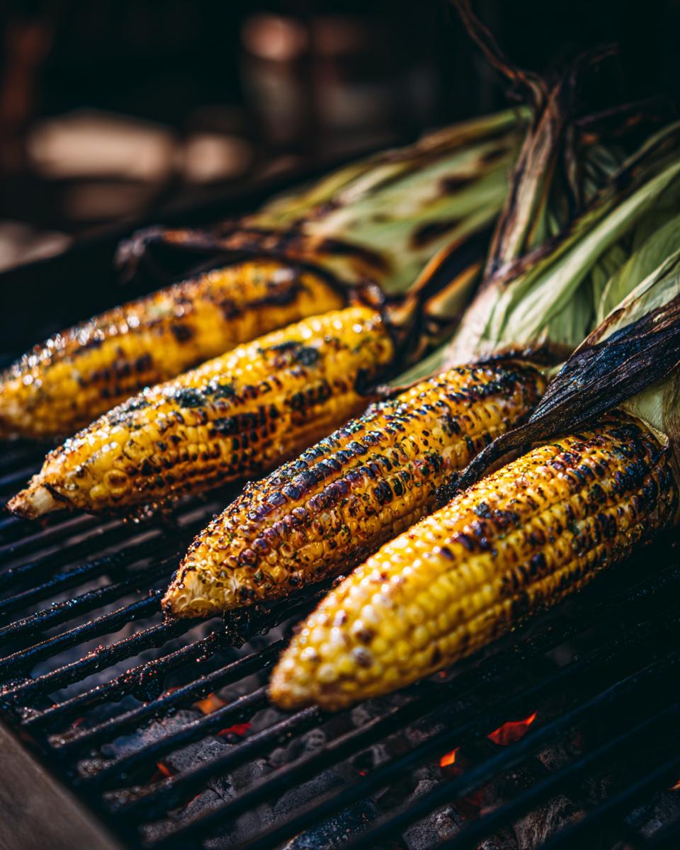 Close-up of four ears of corn on the cob grilling, with visible char marks and bright yellow kernels.
