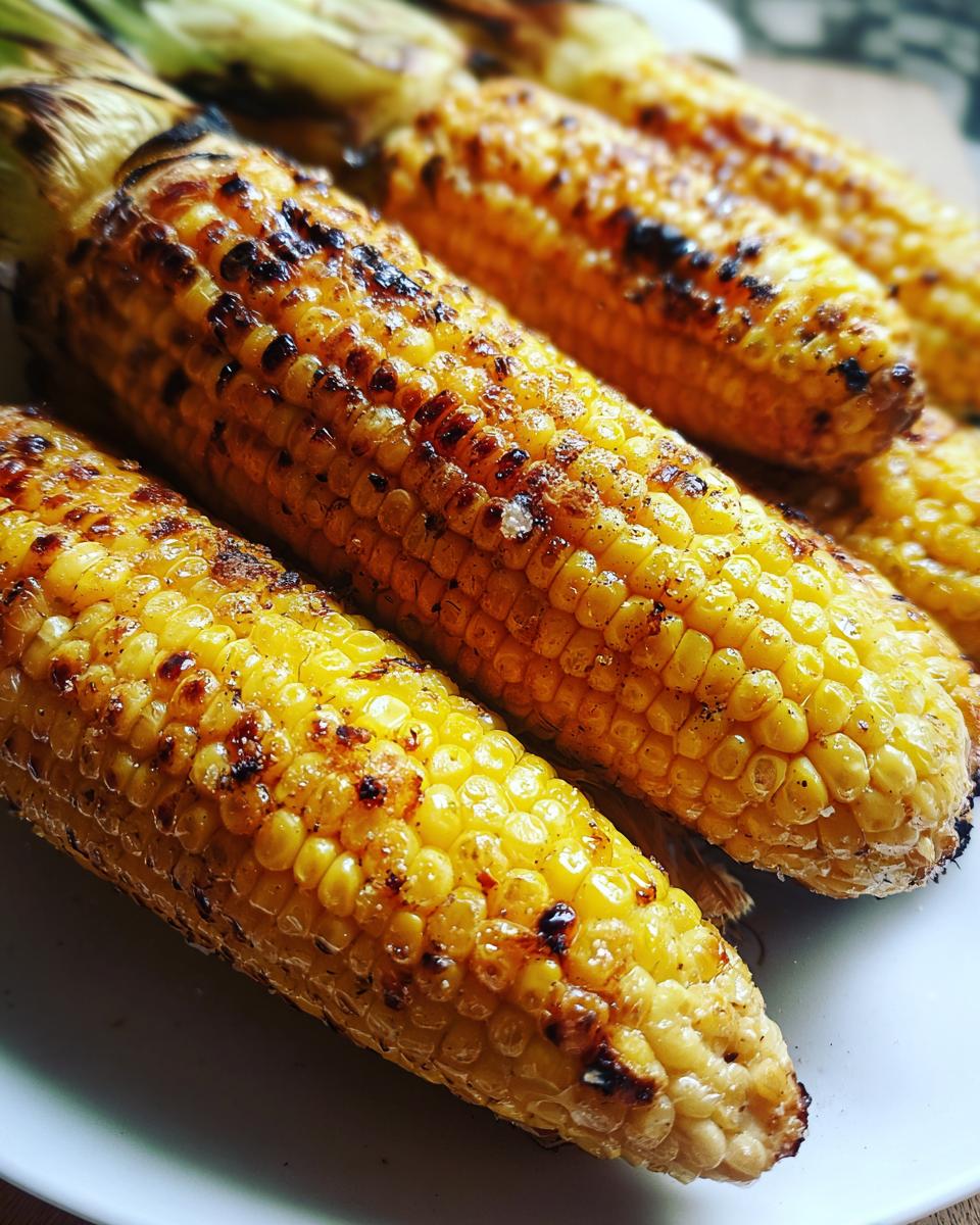Close-up of perfectly grilled corn on the cob with charred kernels, a delicious addition to any grilling recipes.