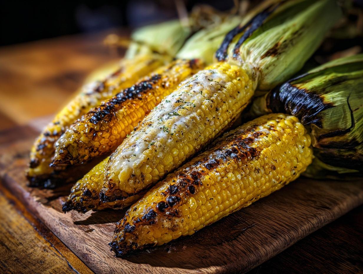 Close-up of perfectly grilled corn on the cob with char marks and seasoning, ready for a delicious meal.