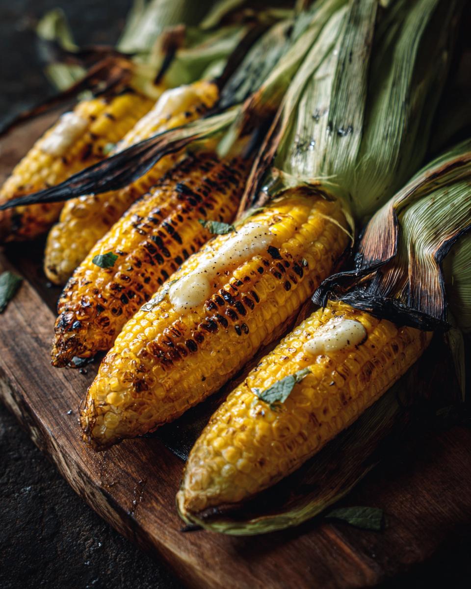 Close-up of grilled corn on the cob with butter and herbs, showcasing the char marks from grilling.