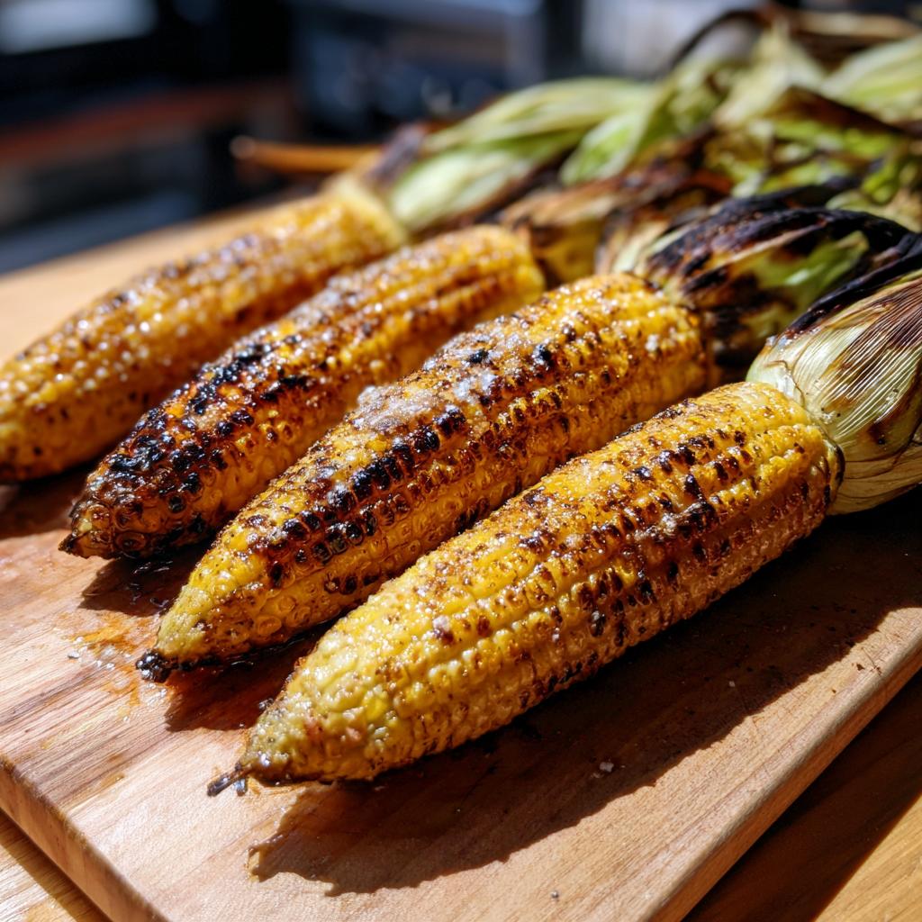 Close-up of grilled corn on the cob with char marks and salt, ready to be served.