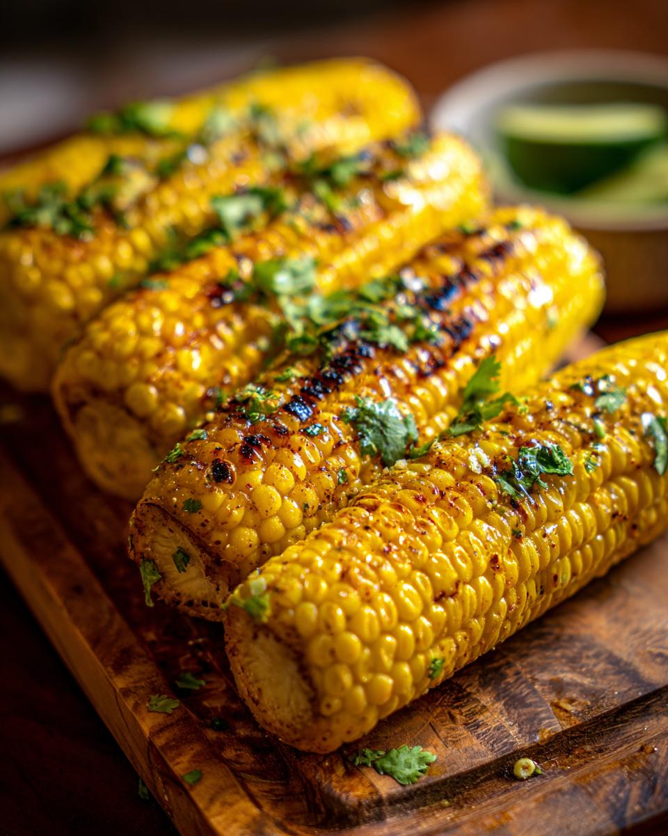 Close-up of grilled corn on the cob, seasoned and garnished with cilantro, ready for summer salad recipes.