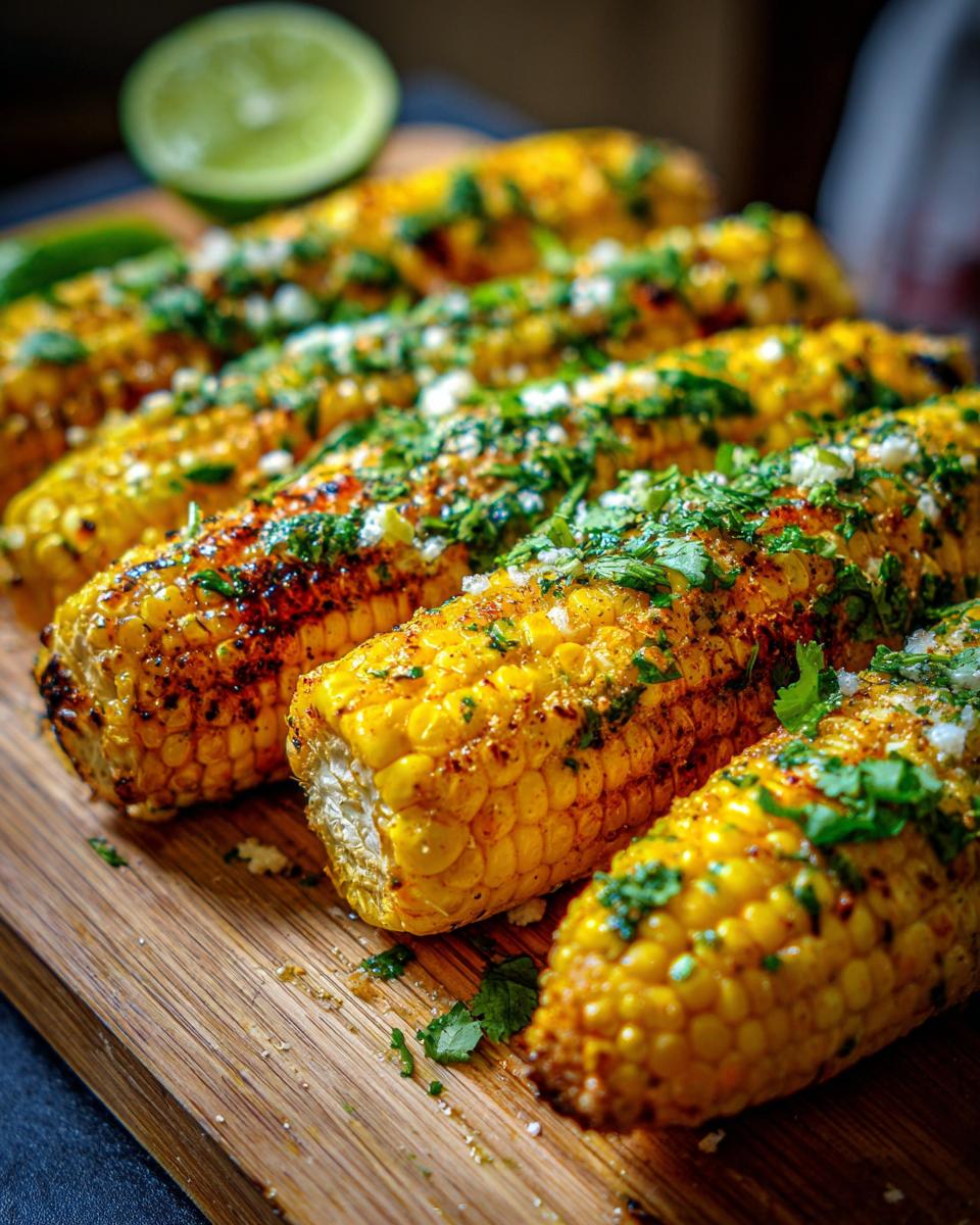 Close-up of grilled corn on the cob, seasoned with herbs and spices, a perfect addition to summer salad recipes.