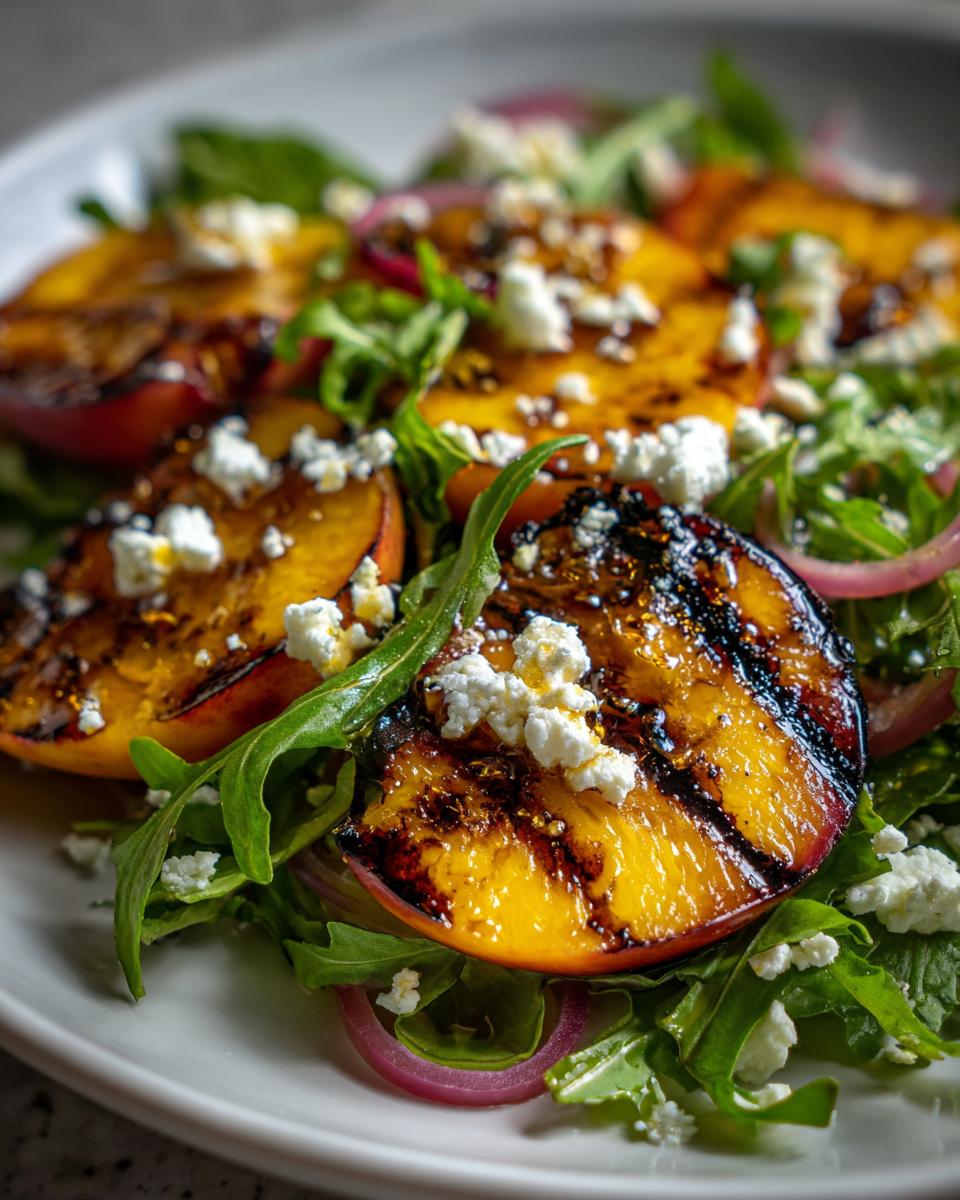 Close-up of a grilled peach salad with arugula, crumbled feta cheese, and red onion slices.