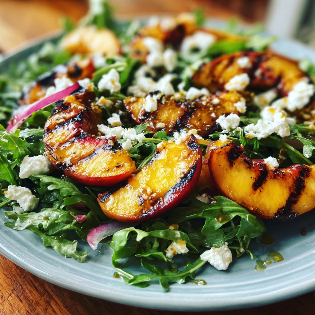 Close-up of a grilled peach salad with arugula, crumbled feta cheese, and red onion, drizzled with honey dressing.