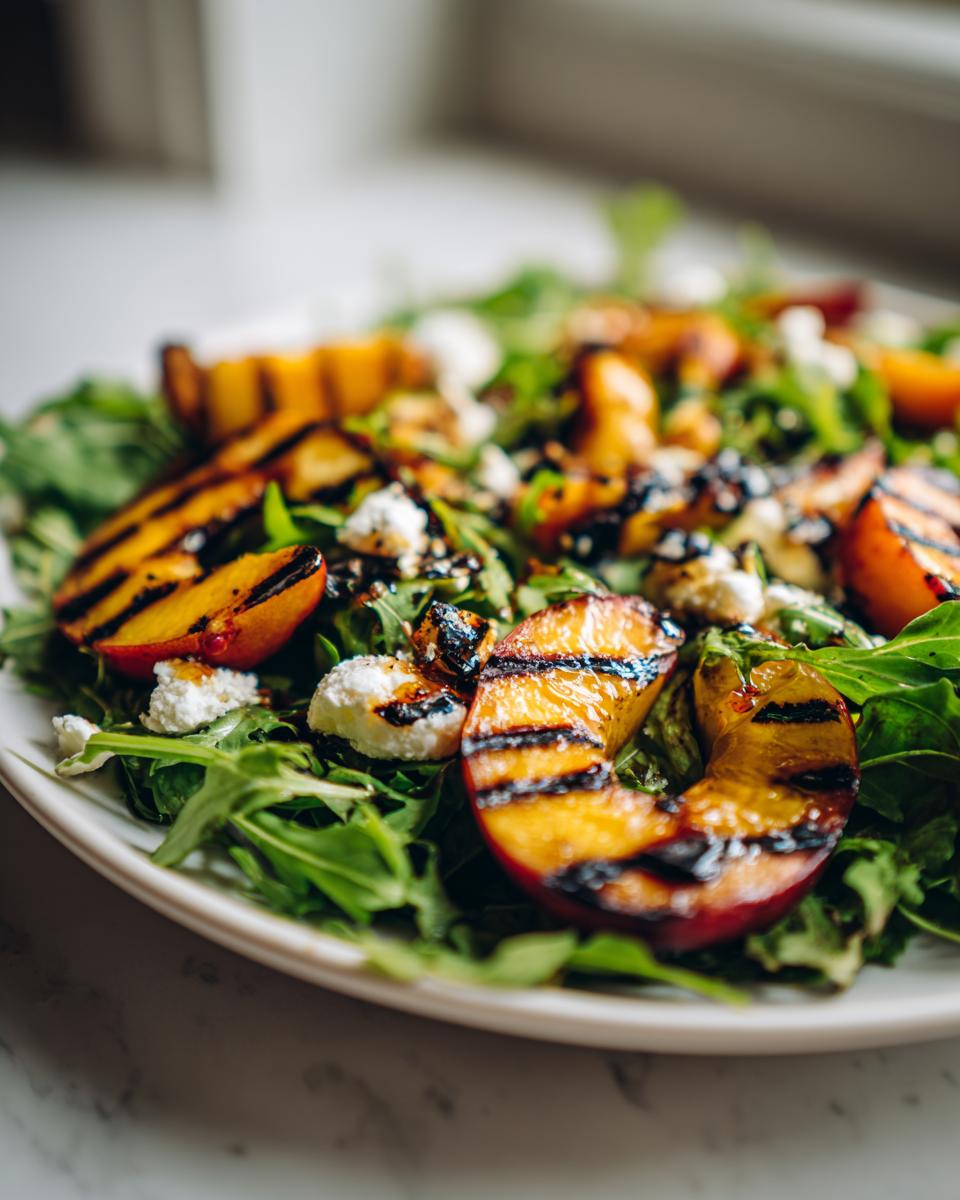 Close-up of a fresh grilled peach salad with arugula, crumbled cheese, and a drizzle of honey dressing.