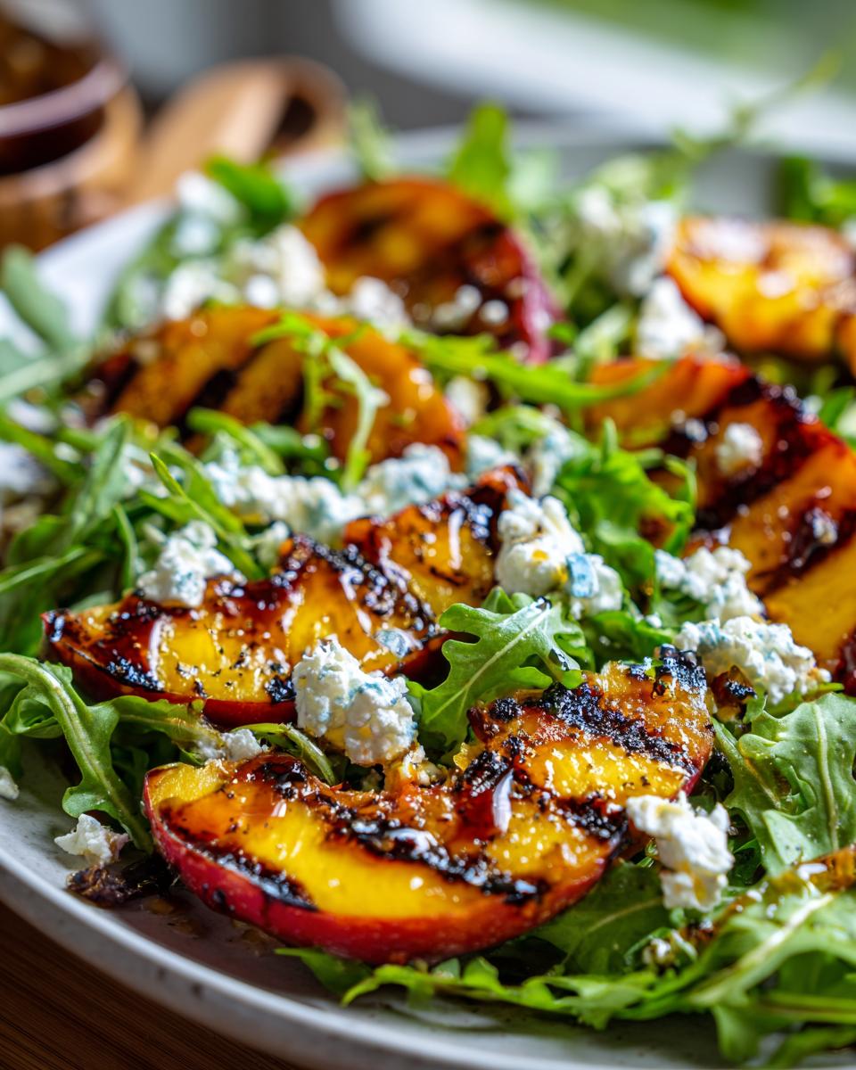 Close-up of a grilled peach salad with arugula, crumbled blue cheese, and a drizzle of honey dressing.