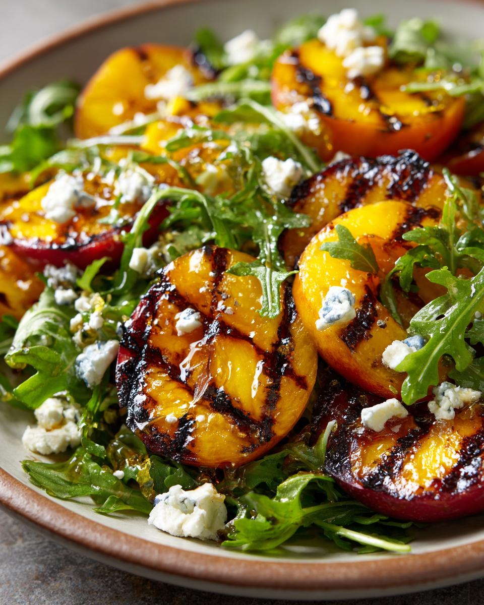 Close-up of a grilled peach salad with arugula, crumbled blue cheese, and a honey dressing.