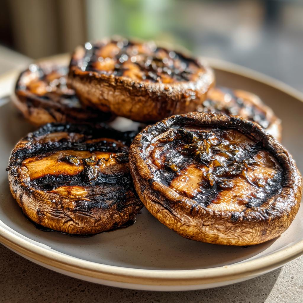 Close-up of perfectly grilled portobello mushrooms with char marks, seasoned and glistening, ready for easy outdoor meals.