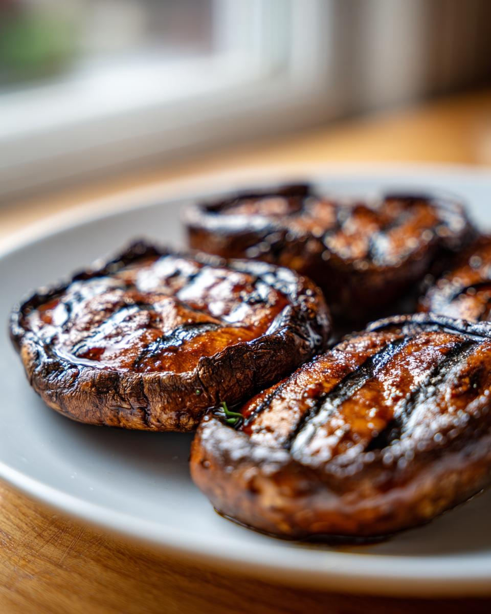 Close-up of four juicy, grilled portobello mushrooms with distinct grill marks on a white plate.