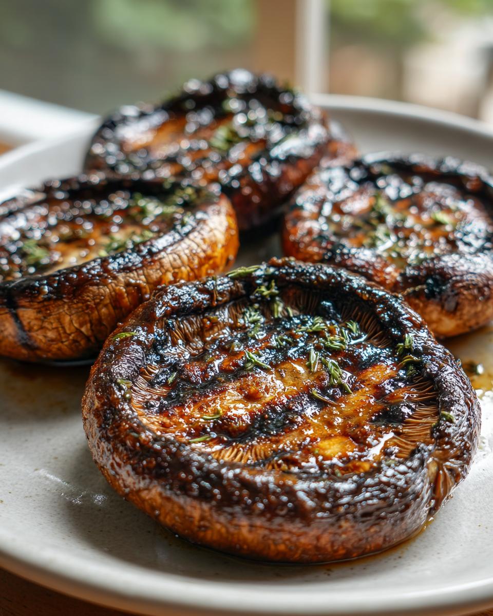 Close-up of four perfectly grilled portobello mushrooms, glistening with marinade and sprinkled with fresh herbs.