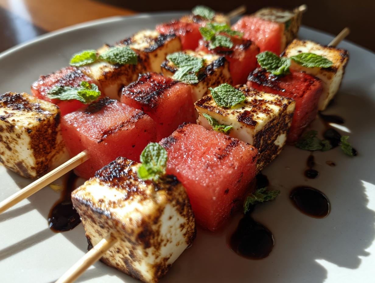 Close-up of grilled watermelon and halloumi cheese skewers, garnished with fresh mint leaves and drizzled with balsamic glaze.