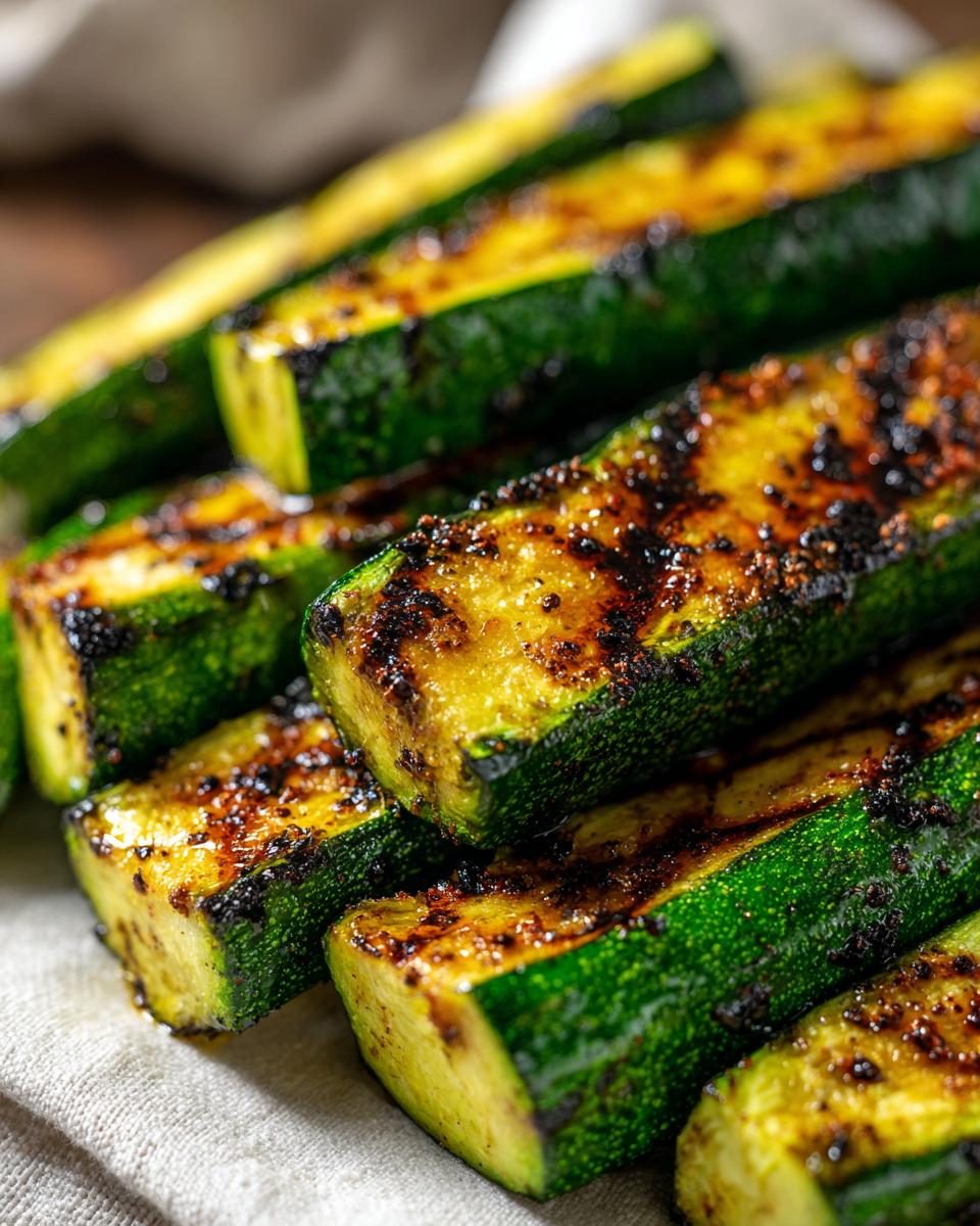 Close-up of perfectly grilled zucchini slices, showcasing char marks and seasoning, a delicious side dish.
