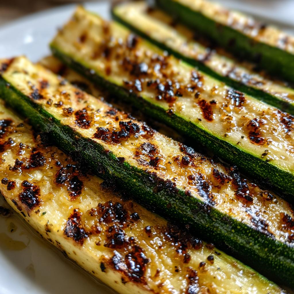 Close-up of perfectly grilled zucchini slices, seasoned and slightly charred, showcasing them as a delicious side dish.