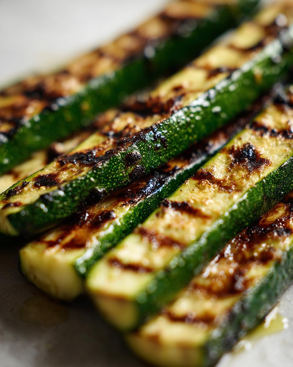 Close-up of perfectly grilled zucchini slices with char marks, showcasing them as a delicious side dish.