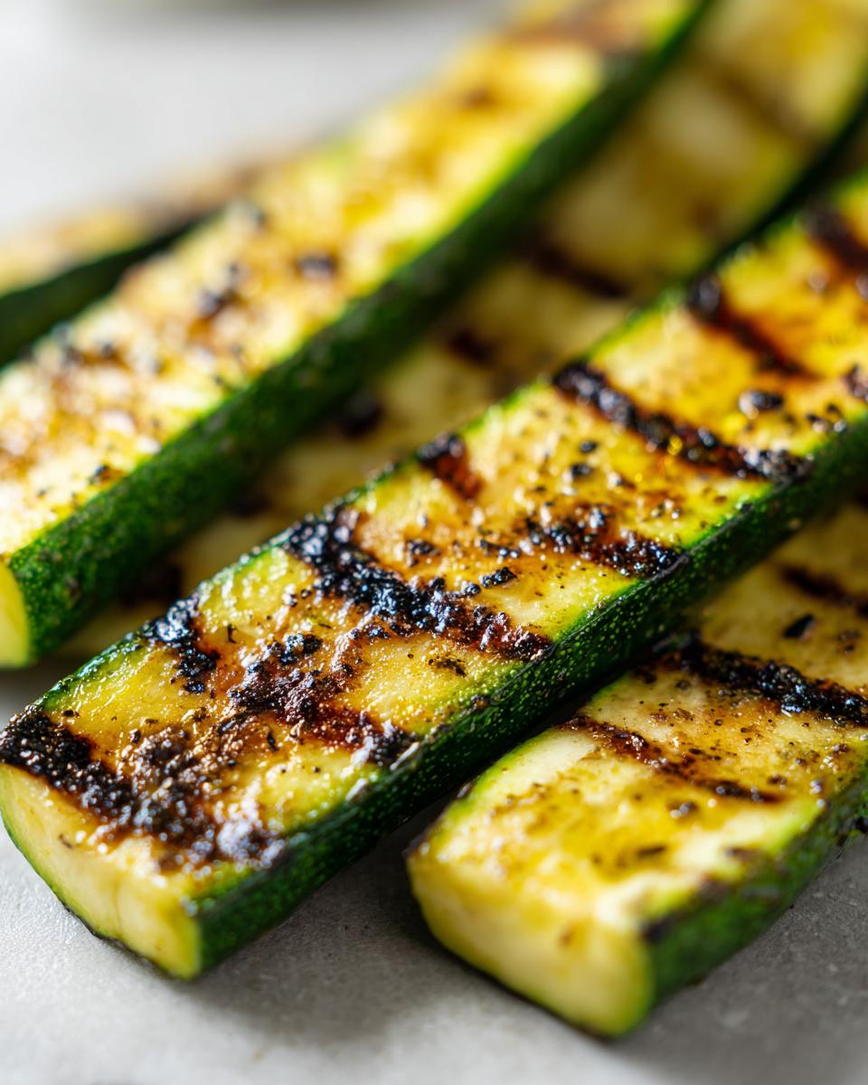 Close-up of perfectly grilled zucchini slices with char marks, seasoned and ready to serve as a side dish.