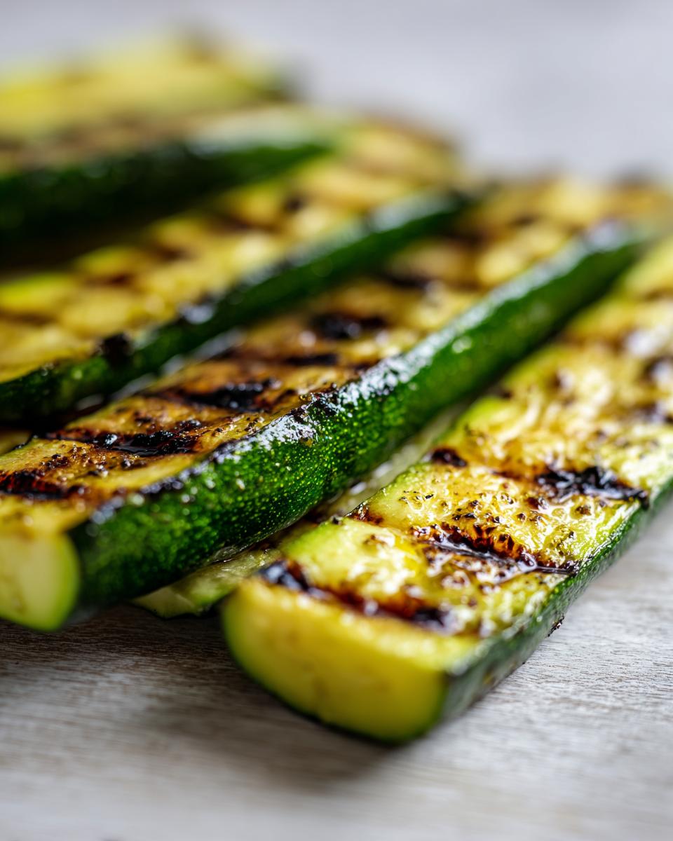 Close-up of perfectly grilled zucchini slices with char marks, showcasing their vibrant green color and tender texture.