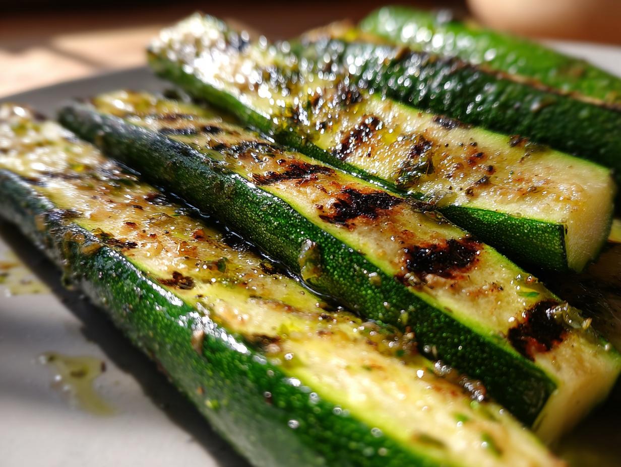 Close-up of perfectly grilled zucchini slices, seasoned and glistening, showcasing grill marks.