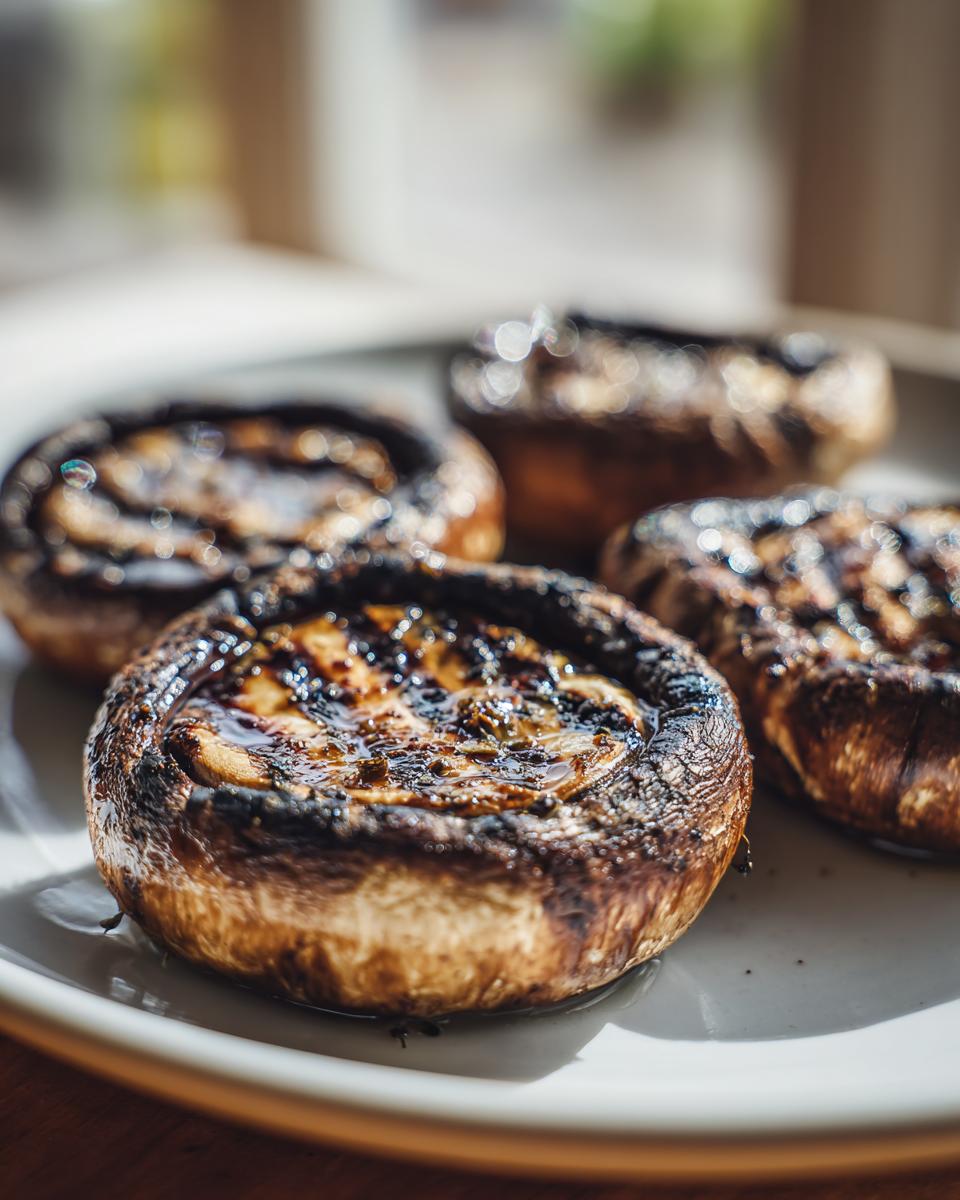 Close-up of four perfectly grilled portobello mushrooms, glistening with marinade, ready for easy outdoor meals.