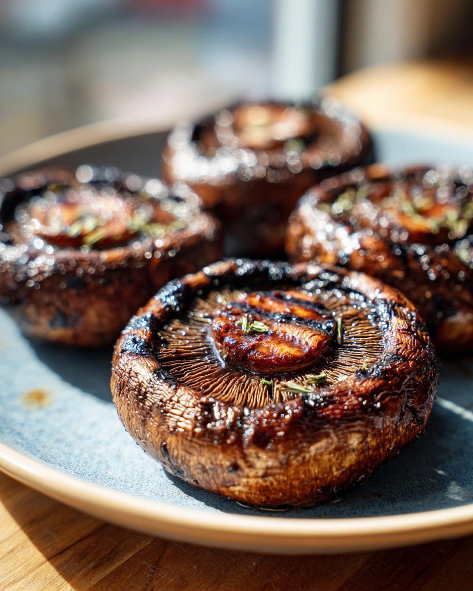 Close-up of perfectly grilled portobello mushrooms with visible grill marks and herbs, part of easy grilling recipes.