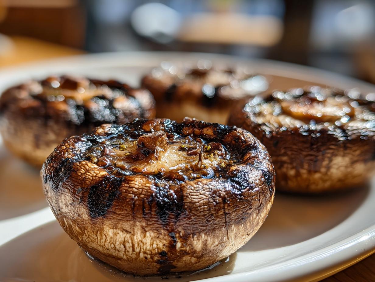 Close-up of four perfectly grilled portobello mushrooms, glistening with marinade, ready for easy outdoor meals.