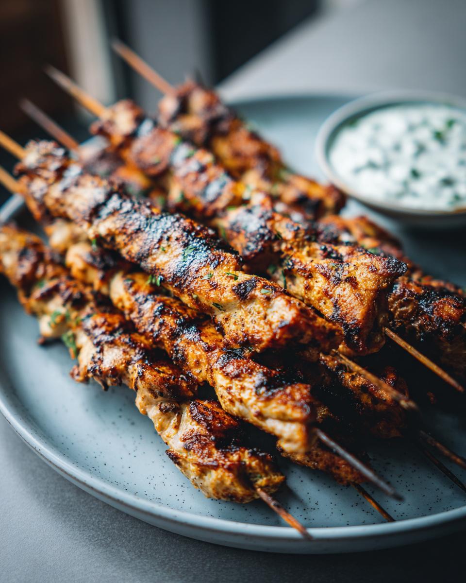 Close-up of perfectly grilled smoky chicken skewers with char marks, served with a side of garlic yogurt sauce.