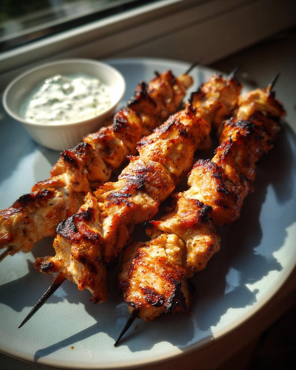 Three perfectly grilled smoky chicken skewers served with a side of creamy garlic yogurt dip.