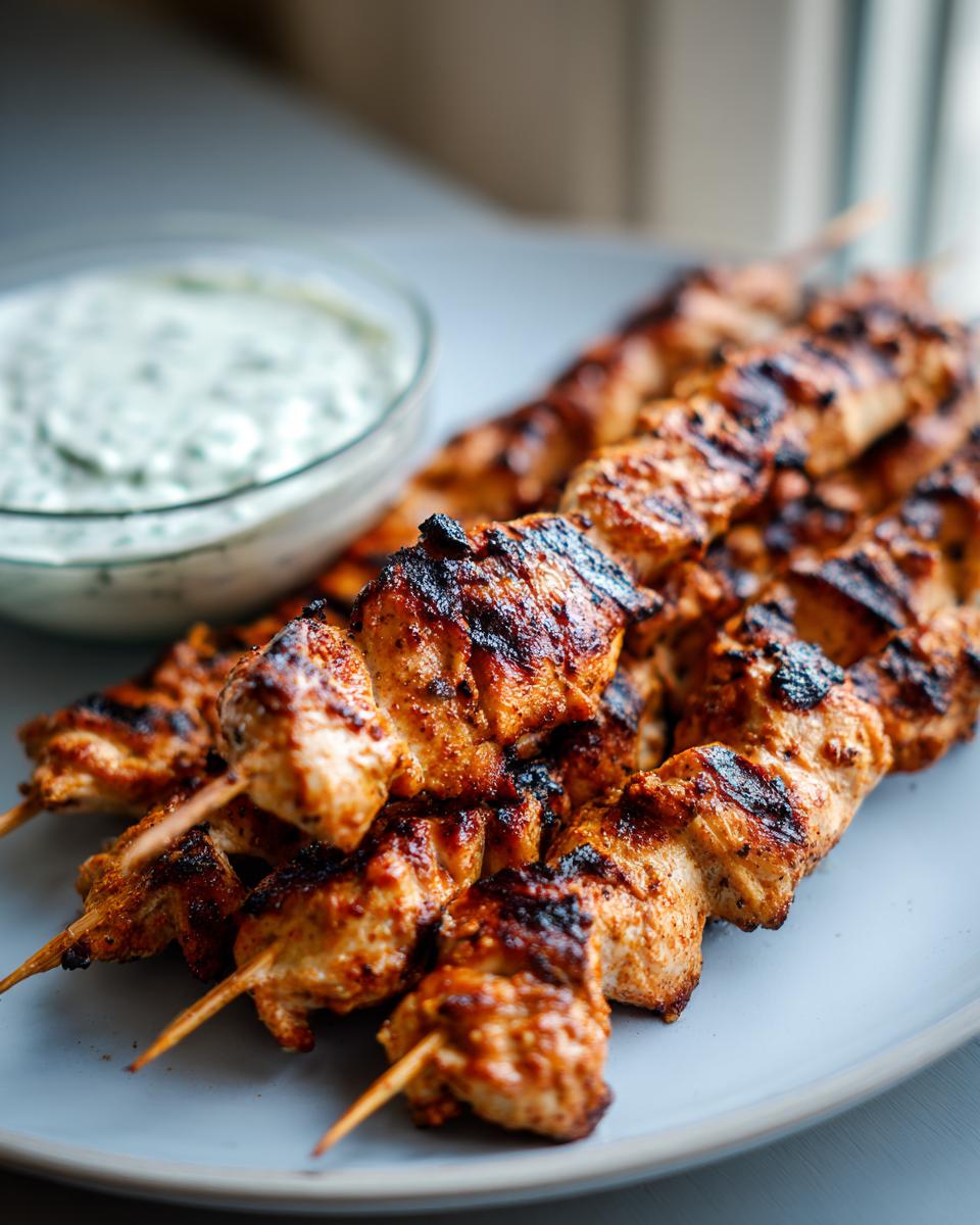 Close-up of grilled smoky chicken skewers served with a bowl of creamy garlic yogurt dip.