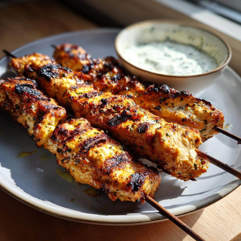 Close-up of smoky chicken skewers with grill marks, served with a side of garlic yogurt dip.