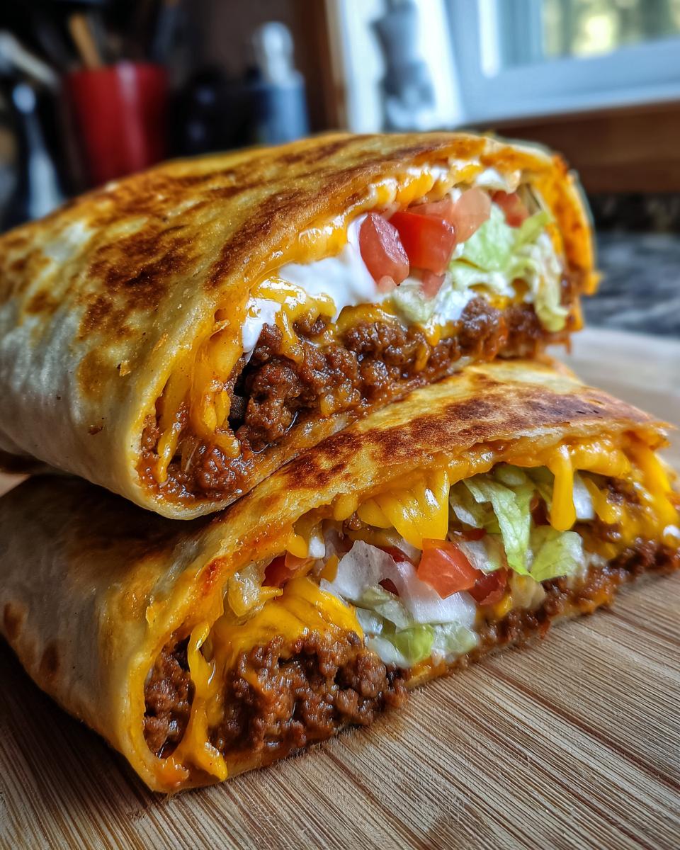 Close-up of a homemade ground beef crunchwrap cut in half, showing seasoned ground beef, melted cheese, lettuce, tomatoes, and sour cream.