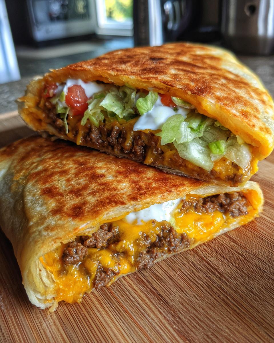 Close-up of a homemade ground beef crunchwrap cut in half, showing seasoned ground beef, melted cheese, lettuce, tomatoes, and sour cream.