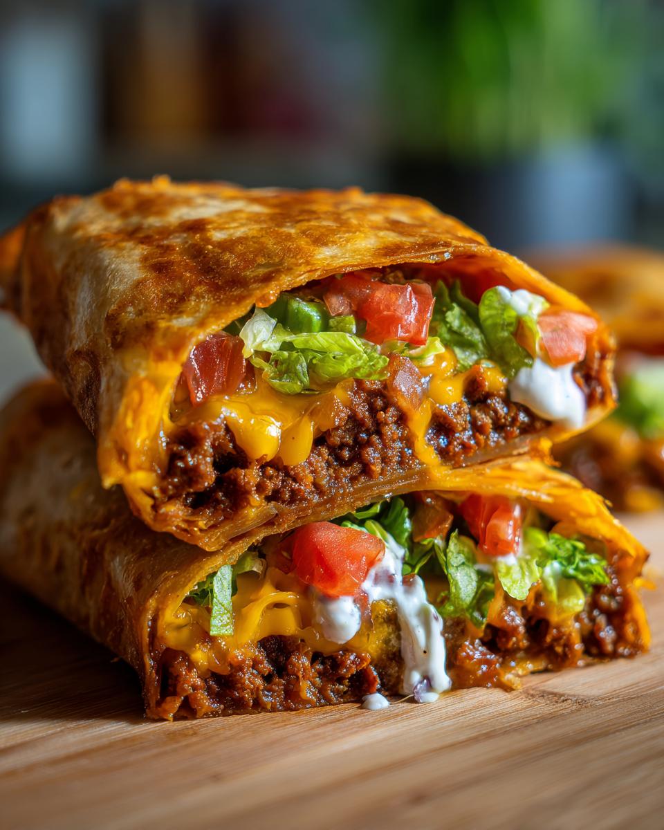 Two halves of a homemade ground beef crunchwrap stacked, showing seasoned ground beef, melted cheese, lettuce, tomatoes, and sour cream.